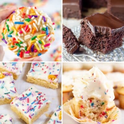 Bedste nemme festdesserter at lave i en firkantet collage med 4 opskriftsbilleder til drys cookies, funfetti cupcakes, nem chokoladekage og sukkerkagebarer.