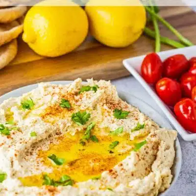 Pin image with text of hummus.
