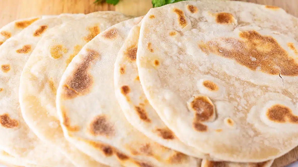 Wide close up image showing no yeast flatbread.