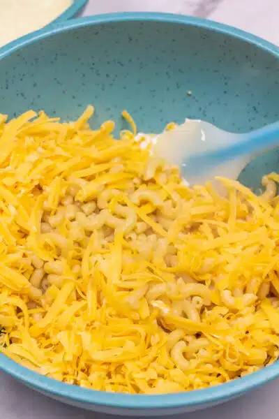 Paula Deens Macaroni and Cheese process photo 2 stir 2 cups of the shredded cheddar cheese into cooked pasta.