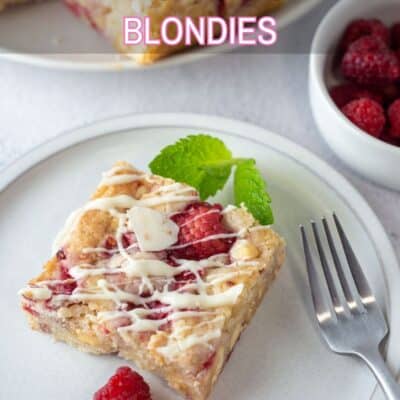 Pin image with text of raspberry white chocolate blondies.