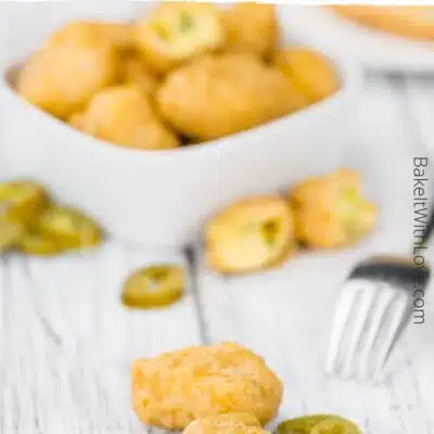 Pin image with text of air fryer chili cheese nuggets.