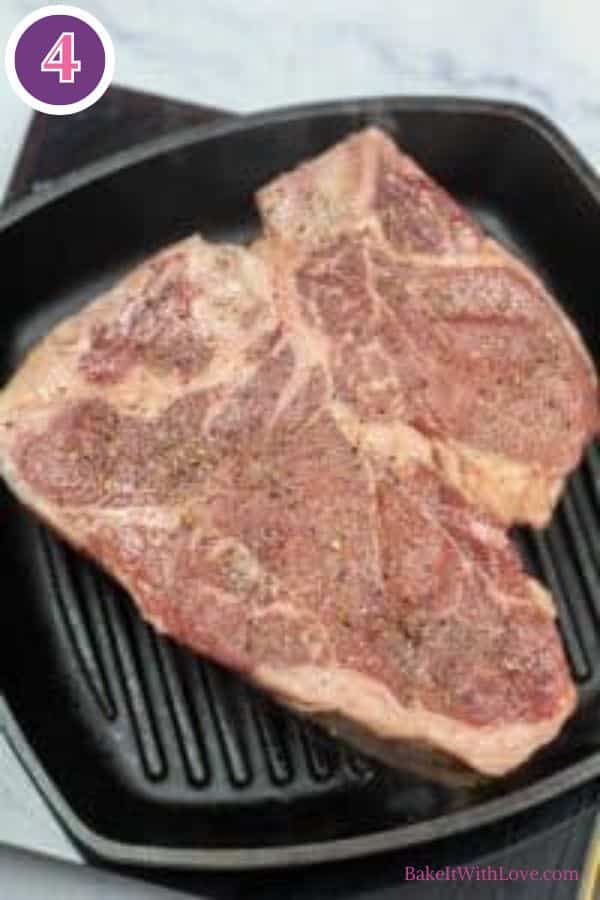 Bistecca alla fiorentina process photo 4. A large, raw, seasoned Bistecca alla Fiorentina steak (T-bone or porterhouse) placed into a hot cast iron grill pan. A purple circle with the number '4' is in the top left corner.