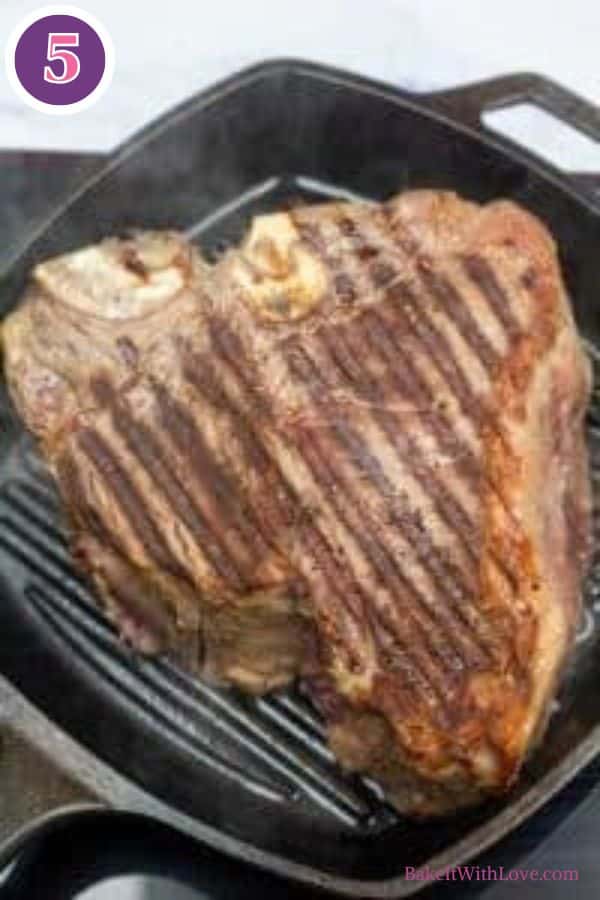 Bistecca alla fiorentina process photo 5. A large, thick Bistecca alla Fiorentina steak (T-bone or porterhouse) with distinct grill marks searing in a hot cast iron grill pan. A purple circle with the number '5' is in the top left corner.