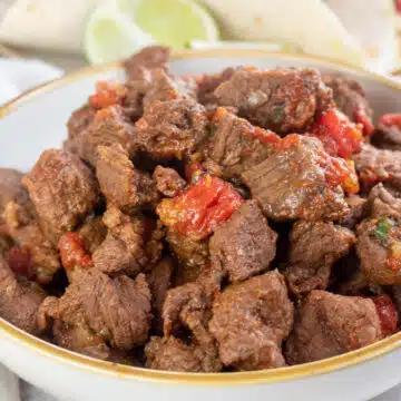 Wide image of a bowl of carne picada.