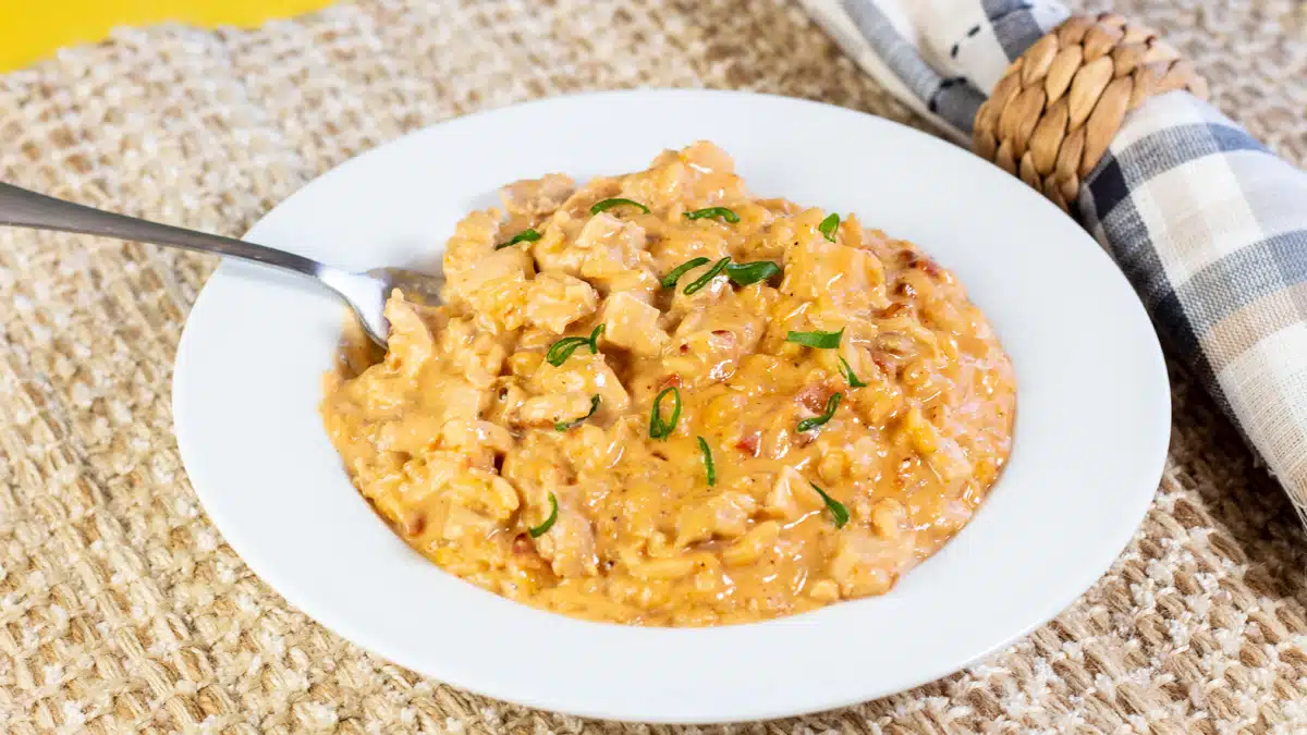 Wide image of bacon & chicken risotto.