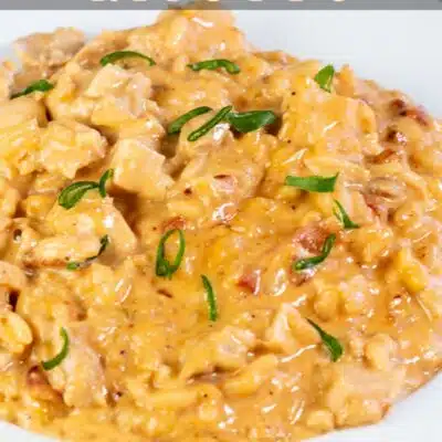 Pin image with text of bacon & chicken risotto.