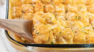 Wide image of chicken tater tot casserole.