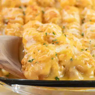 Wide image of chicken tater tot casserole.