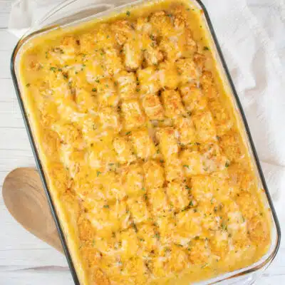 Square image of chicken tater tot casserole.