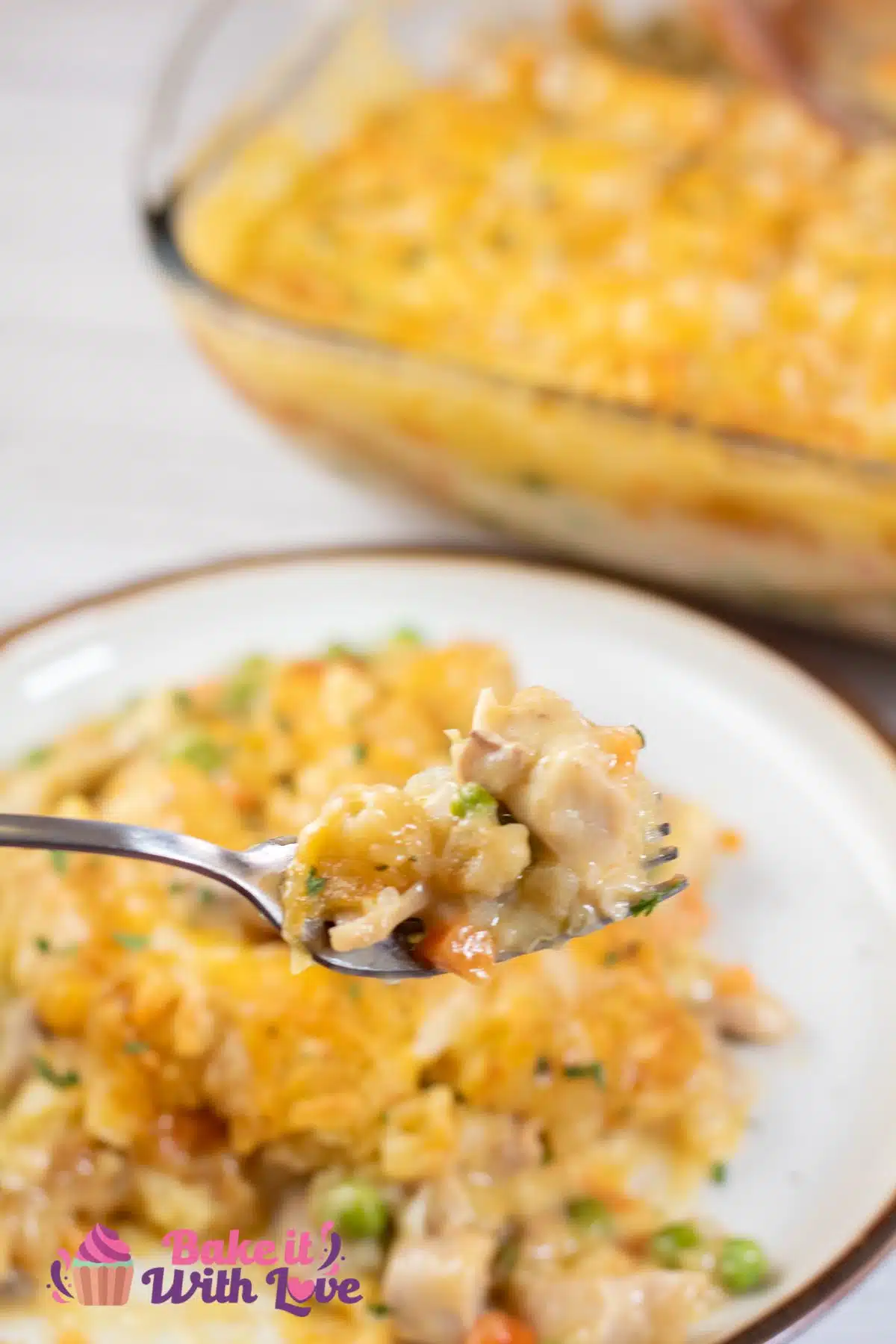 Tall image of chicken tater tot casserole.