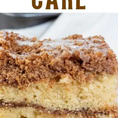Pin image with text of a slice of coffee cake.
