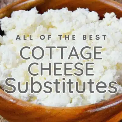 Pin image with text of cottage cheese in a wooden bowl.