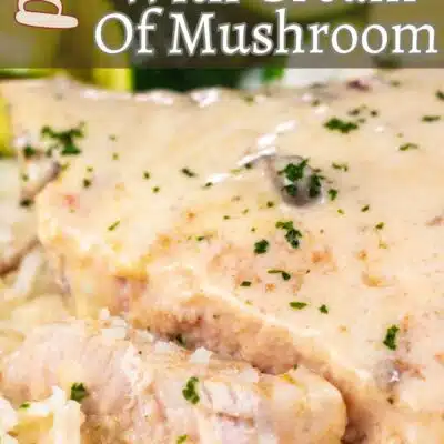 Pin image of cream of mushroom pork chops on a plate over rice with zucchini on the side.
