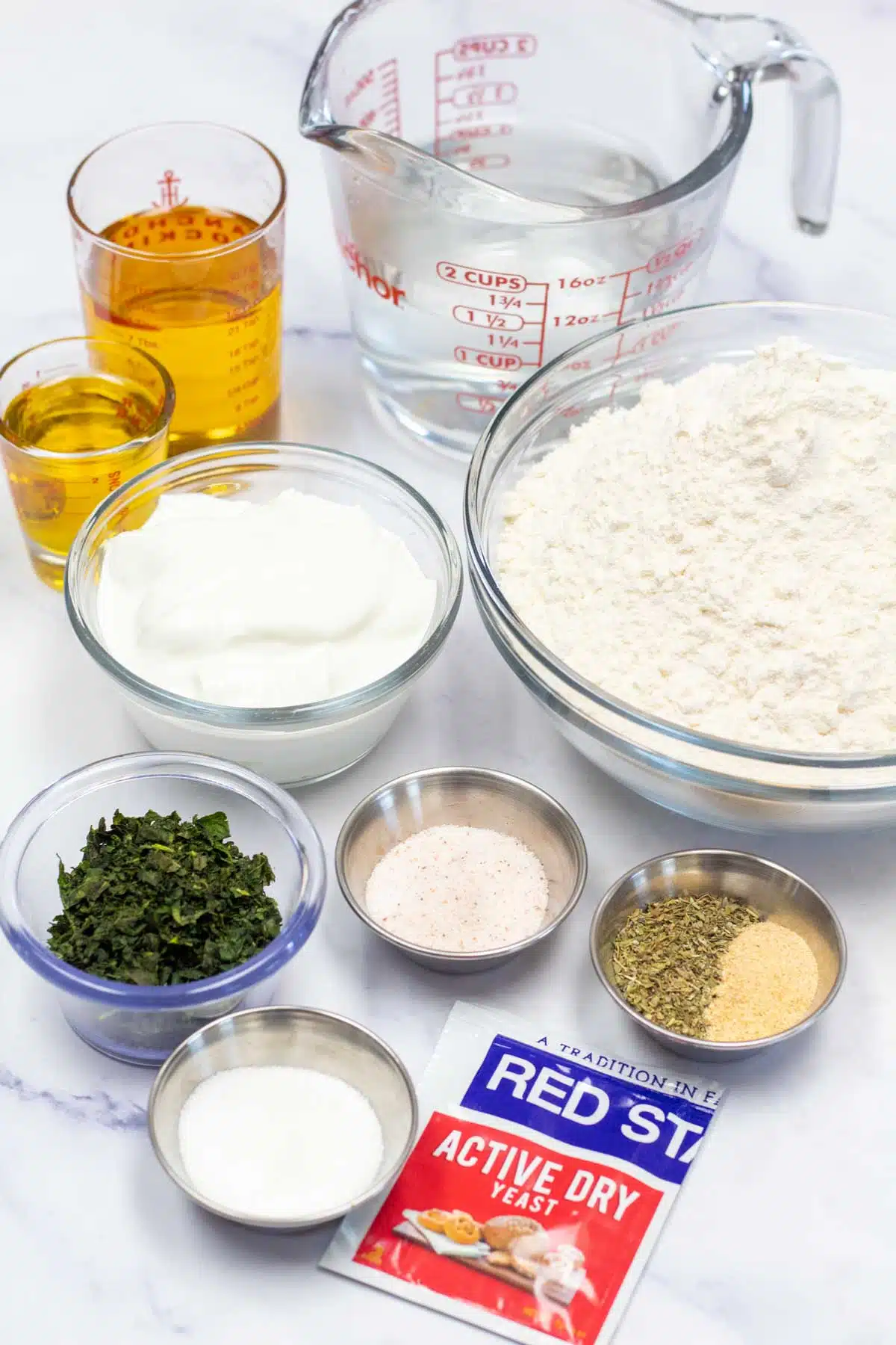 Tall image showing homemade flatbread ingredients.