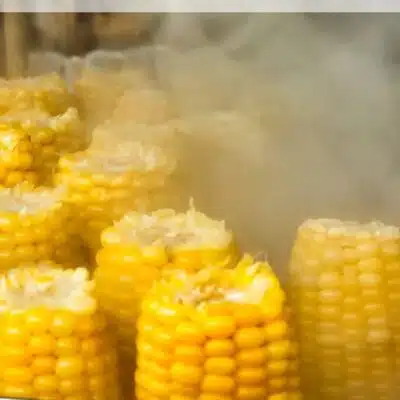 Pin image with text showing corn on the cob boiling.