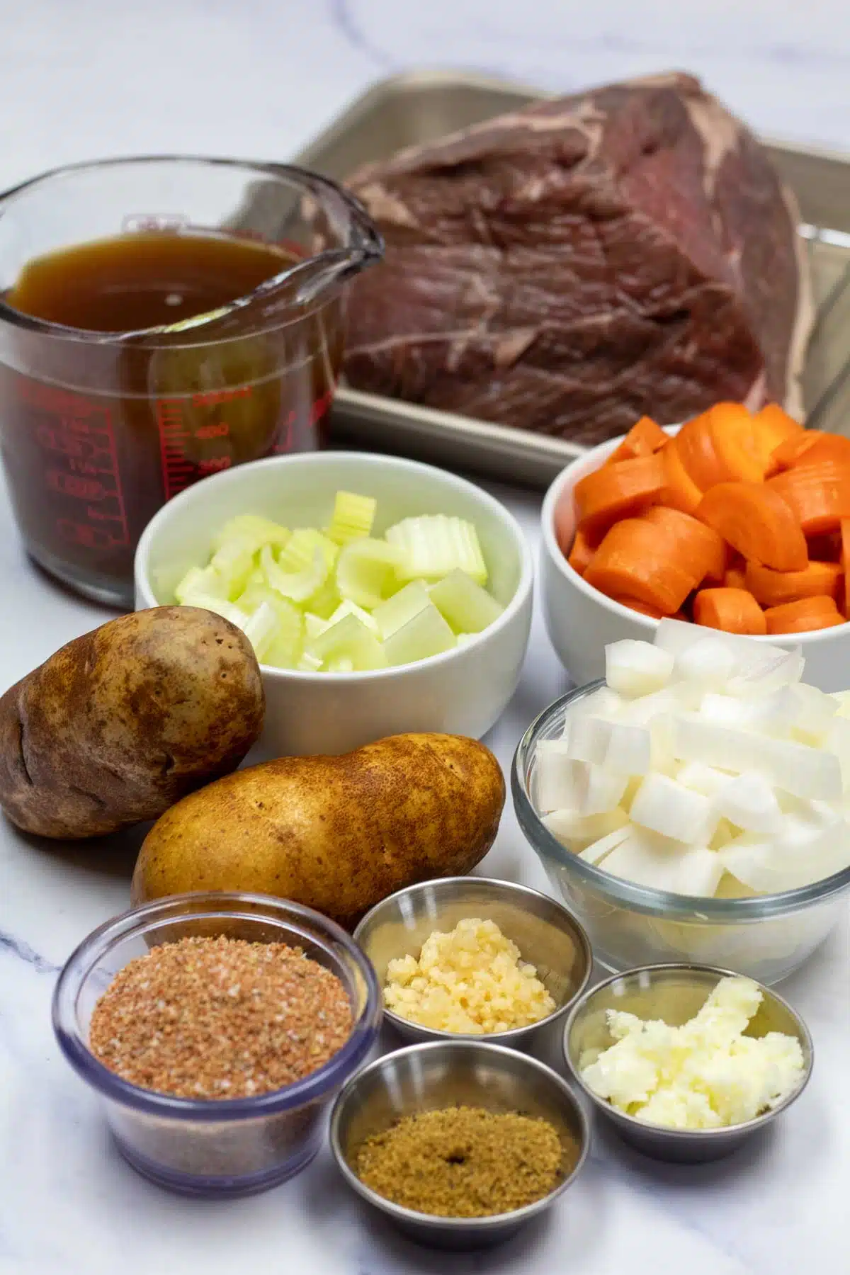 Tall image showing instant pot pot roast ingredients.