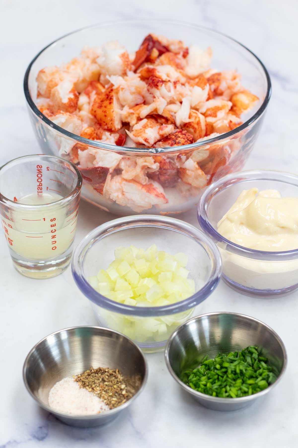 Højt billede, der viser ingredienser til hummersalat.