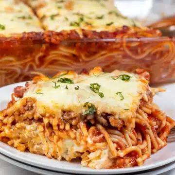 Wide image of Million dollar spaghetti casserole.