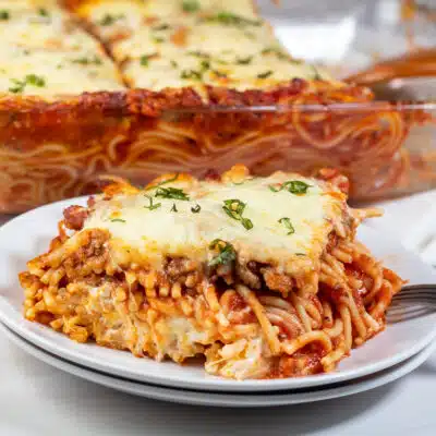 Square image of Million dollar spaghetti casserole.