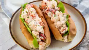 Wide image of New England lobster roll.