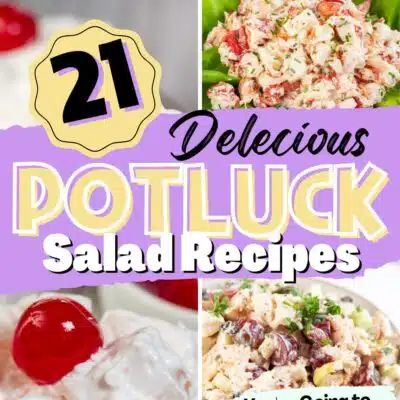 Pin split image with text showing different salad ideas for potlucks.