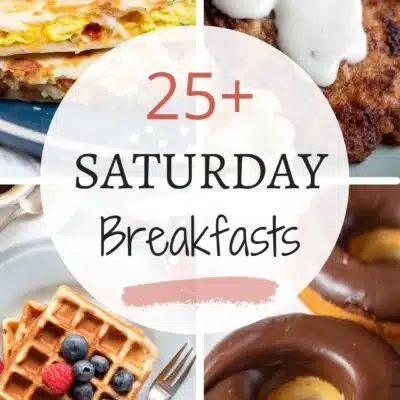 Pin split image with text showing ideas for Saturday breakfast ideas.