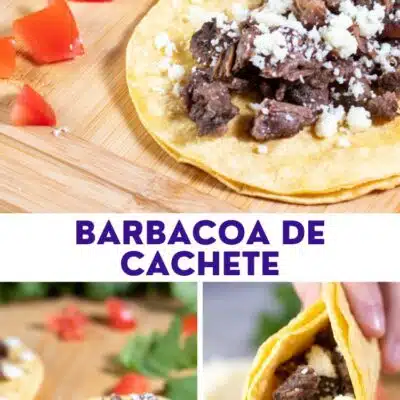 Pin image with text showing slow cooker beef cheek tacos.