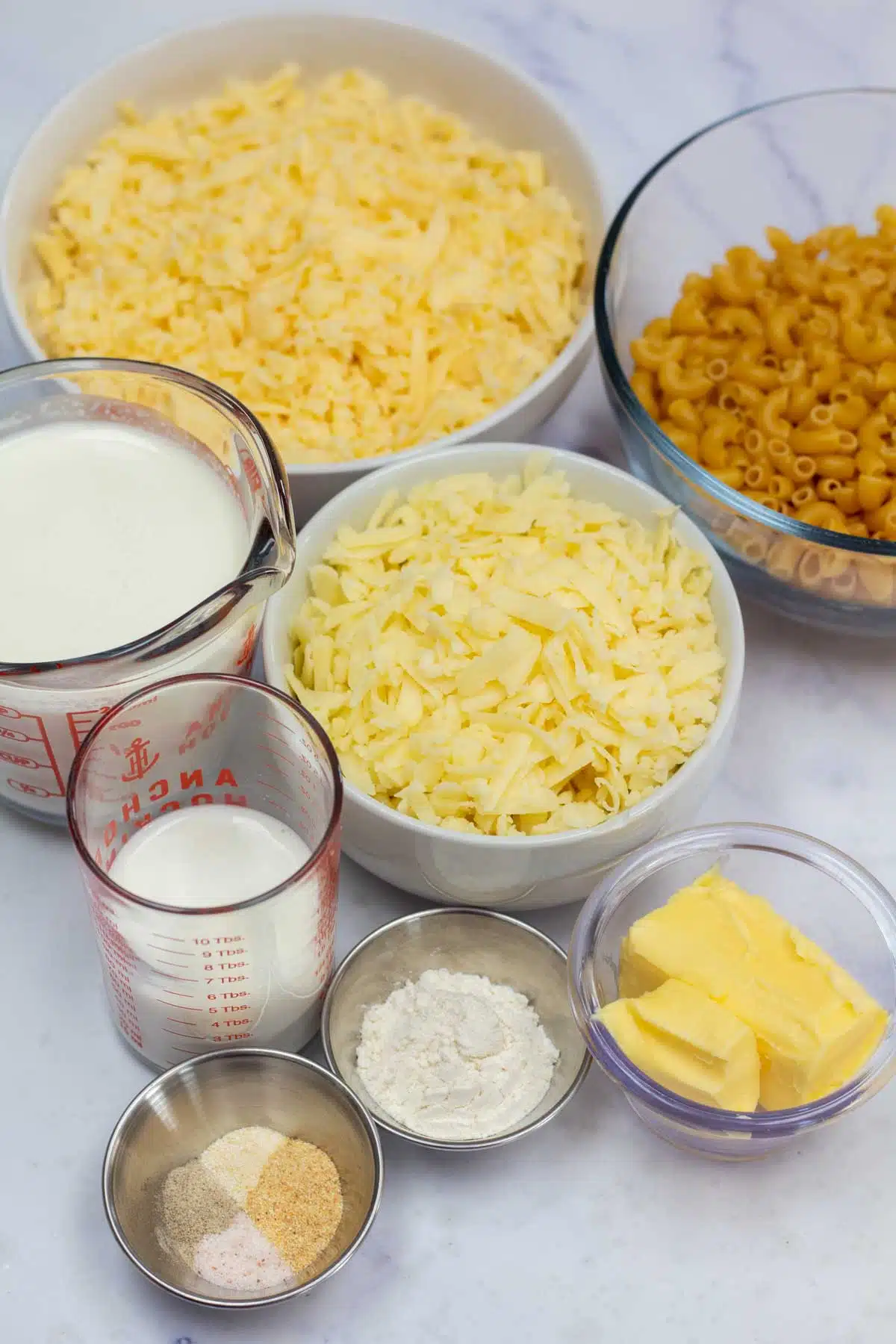 Tall image of smoked Gouda mac and cheese ingredients.