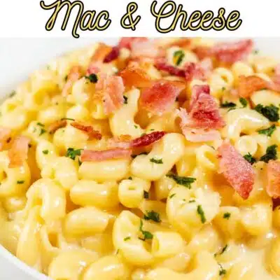Pin image with text overlay of smoked Gouda mac and cheese in a white bowl.