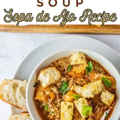 Pin image with text of Spanish garlic soup.