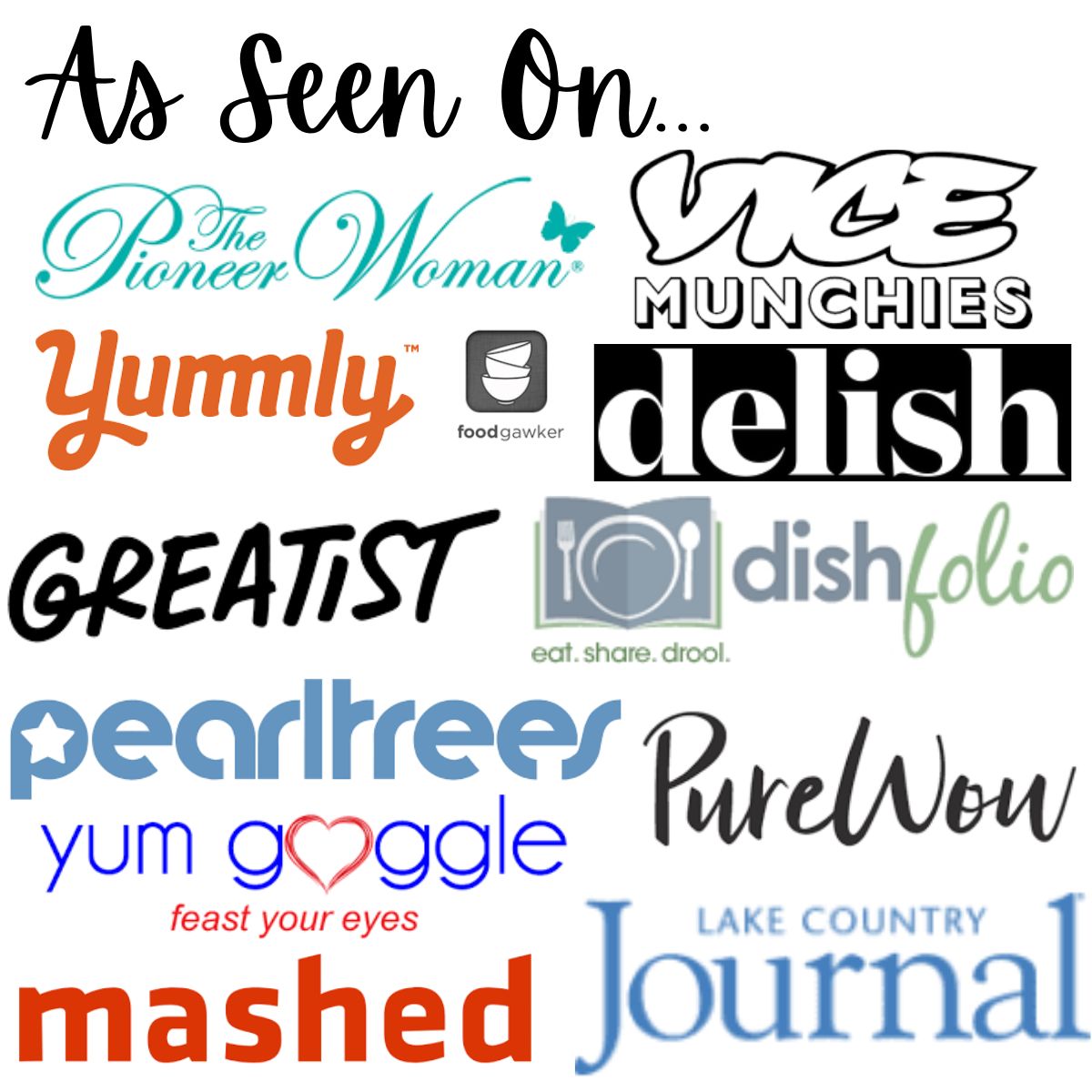 Блок As Seen On с логотипами компаний, с которыми работала Анджела, включая Mashed, Vice Munchies, Lake Country Journal, Delish, Yummly и других.