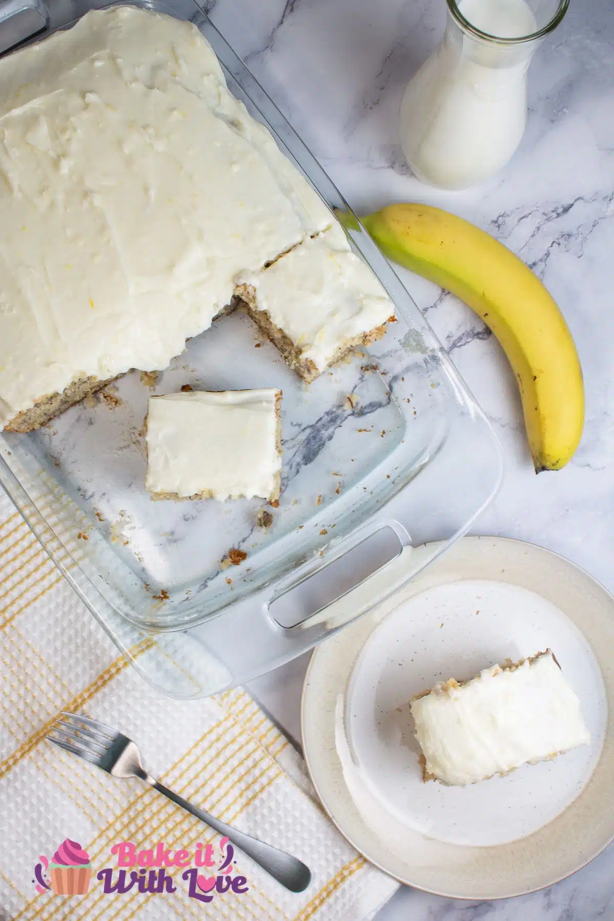 Tall overhead image of banana slice dessert.