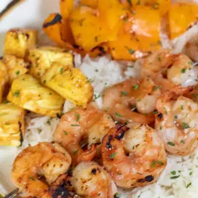 Tall image of grilled bbq shrimp.