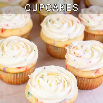 Pin image with text showing birthday cake funfetti cupcakes.