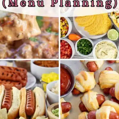 Pin split image with text showing different birthday party food ideas.
