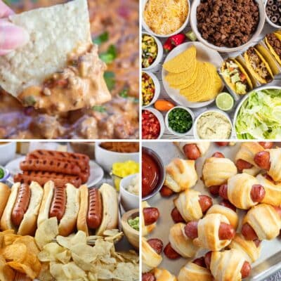 जन्मदिन की पार्टी के भोजन के विभिन्न विचारों को दर्शाने वाली वर्गाकार विभाजित छवि।
