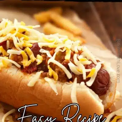 Pin image with text of chili dogs.