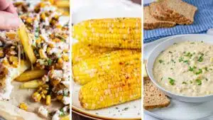 Wide split image showing different corn recipes.