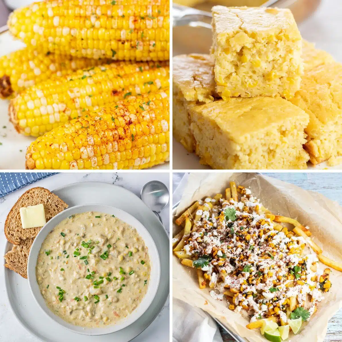 Square split image showing different corn recipes.