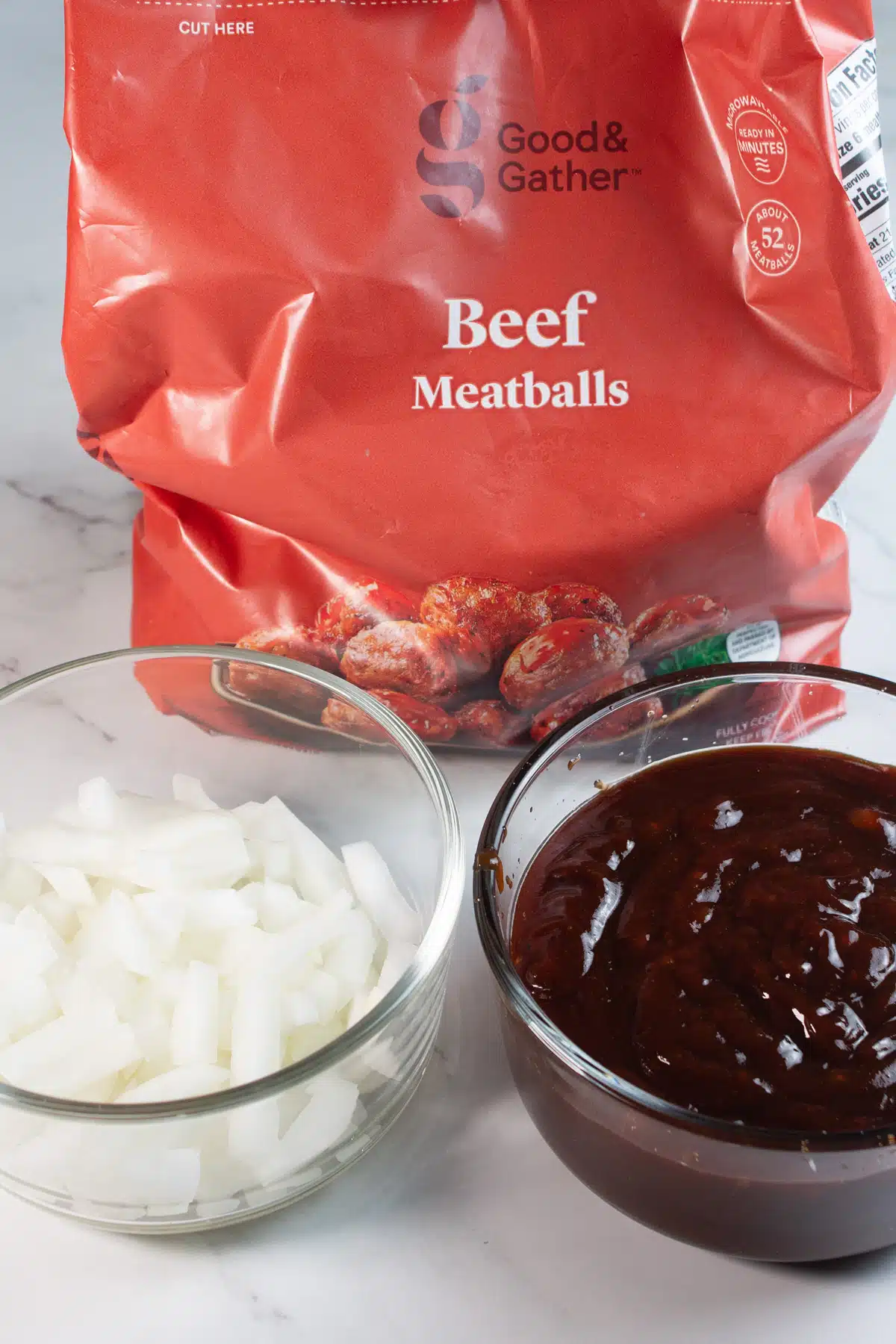 Tall image of crockpot bbq meatball ingredients.