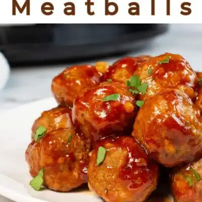 Pin image with text of crockpot bbq meatballs.