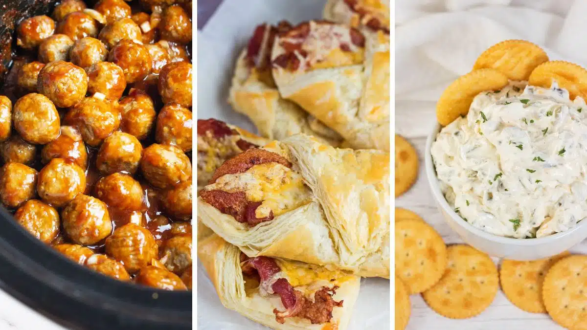 Wide split image showing easy party appetizer ideas.