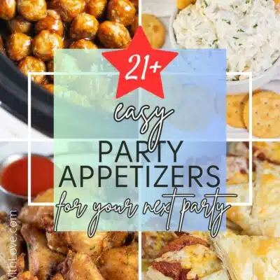 Pin split image with text showing easy party appetizer ideas.