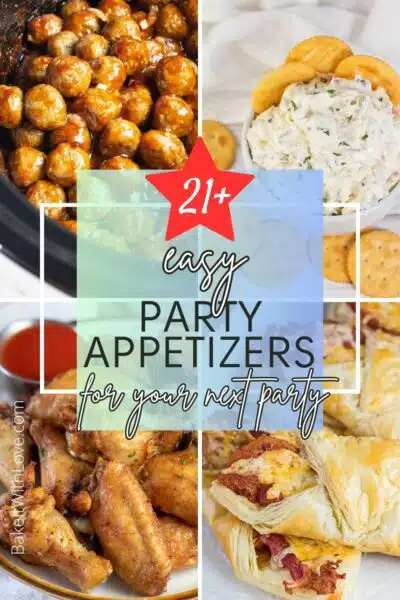 Pin split image with text showing easy party appetizer ideas.
