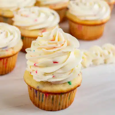 Square image of homemade funfetti buttercream frosting.