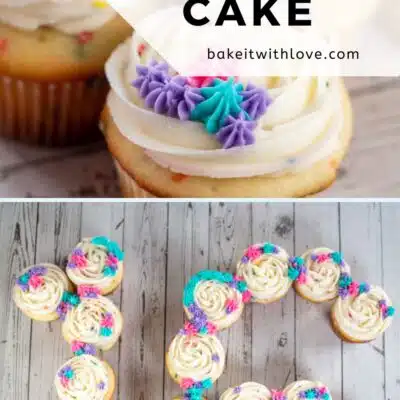 How to make a number cupcake cake pin image with two images of a pull-apart cake and text title.
