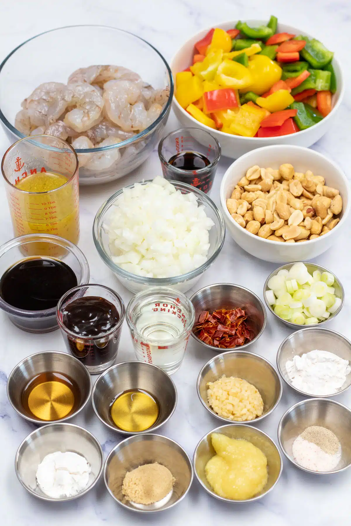 Tall image of kung pao shrimp ingredients.