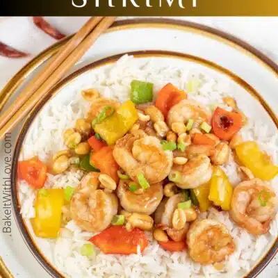 Pin image with text of kung pao shrimp on a plate with white rice.