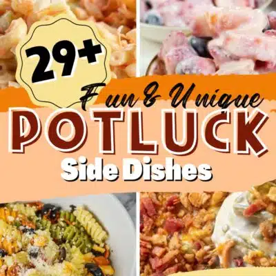 Tall split image with text showing different potluck side dishes.